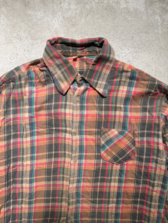 1970s Plaid Flannel Shirt Brown Pink Blue | Size XL