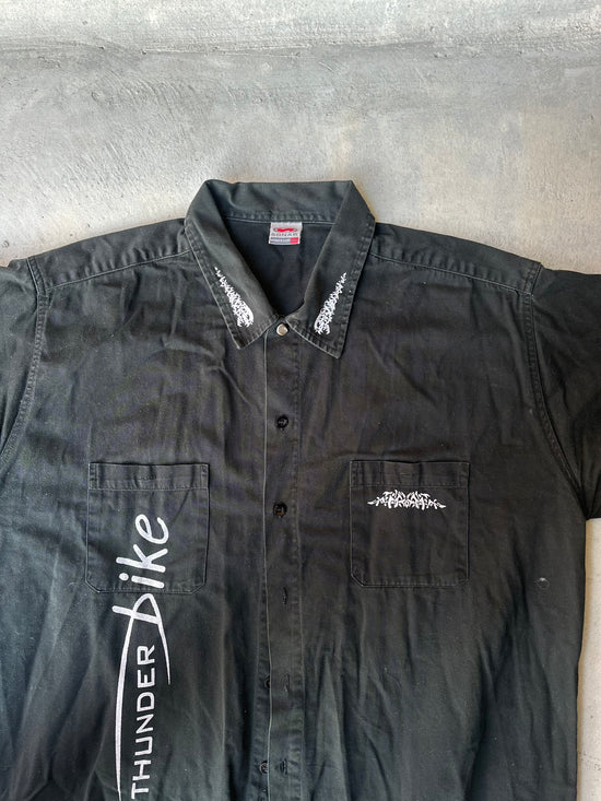 Vintage biker work shirt with embroidered details.
