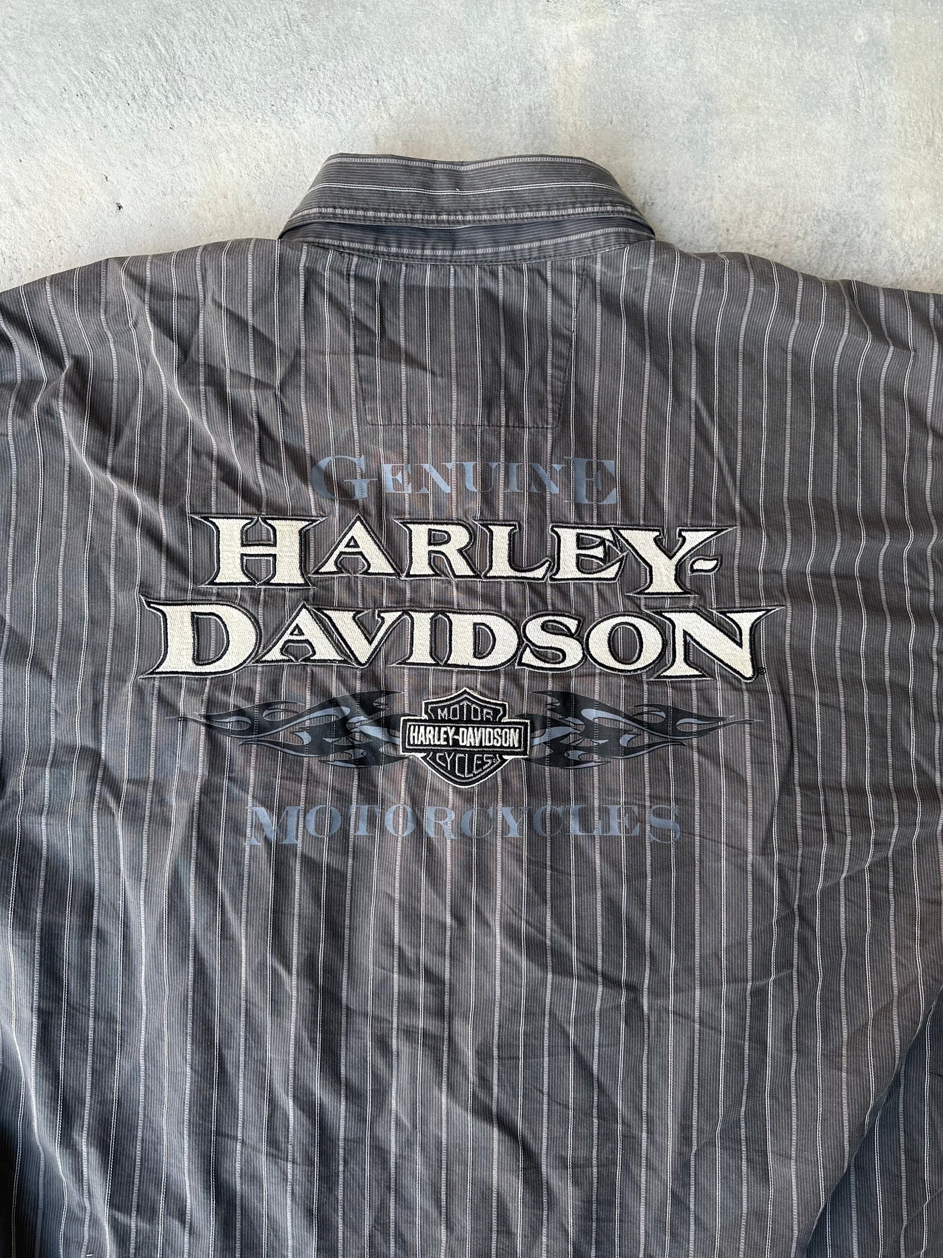 Harley-Davidson striped button-up – rugged style, iconic branding.
