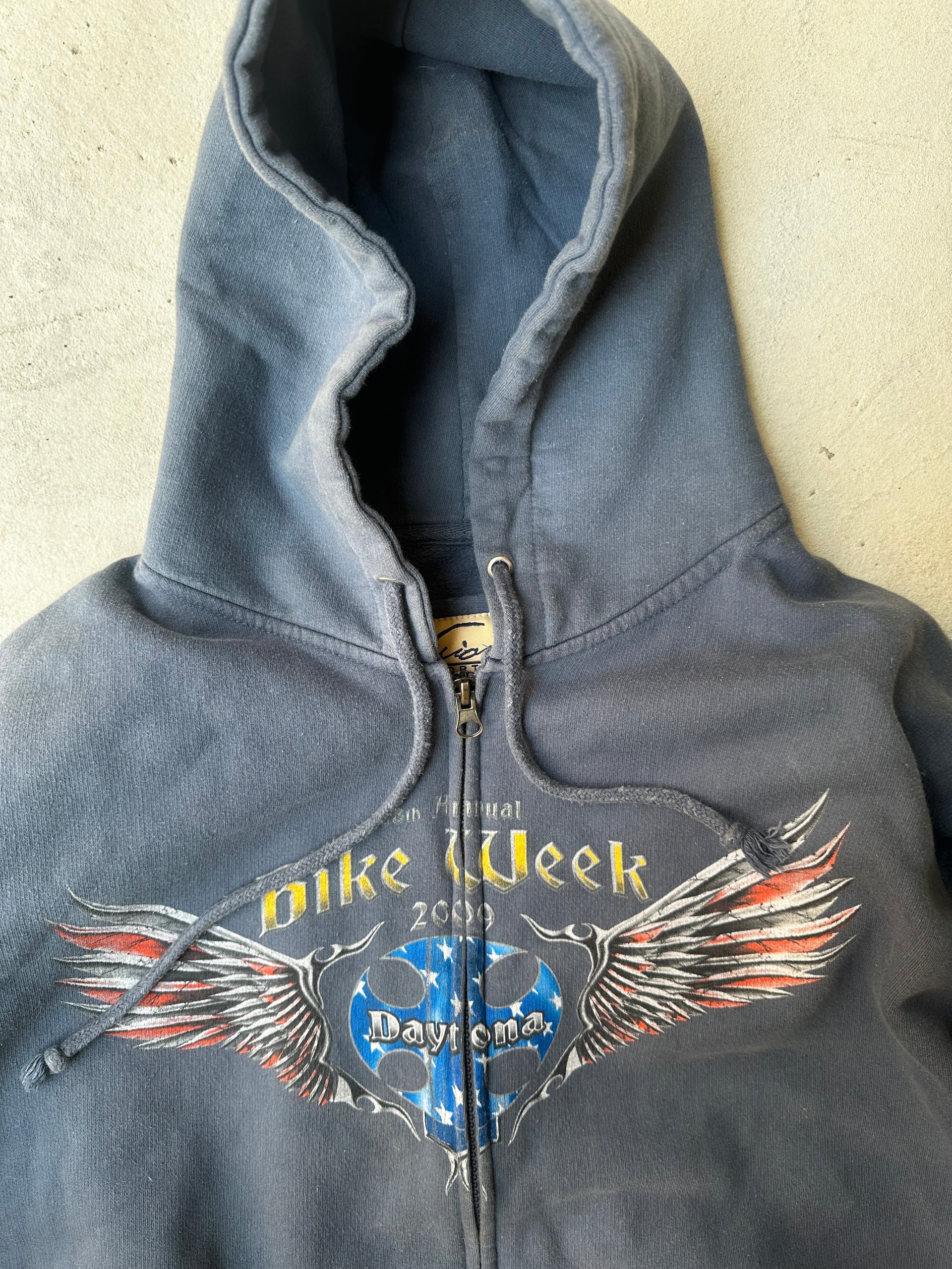 Close-up of bold biker graphics on vintage Daytona hoodie