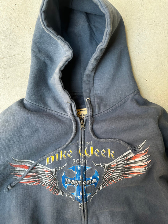Close-up of bold biker graphics on vintage Daytona hoodie