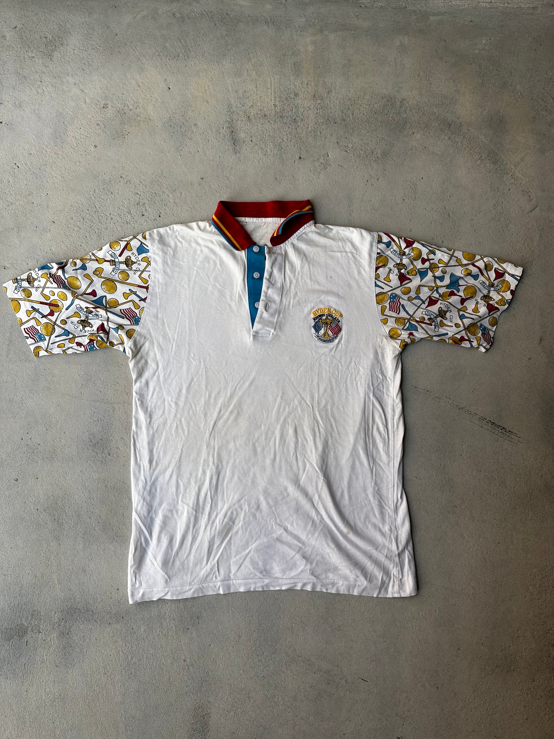 Vintage 1993 Ryder Cup polo shirt with multicolor golf-themed sleeve print
